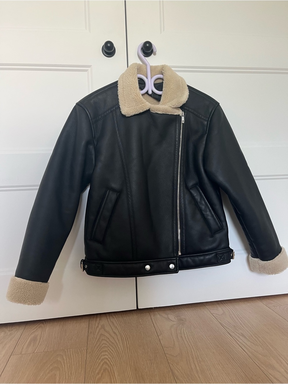 Zara Black Faux Leather Jacket with Cream Sherpa Trim
